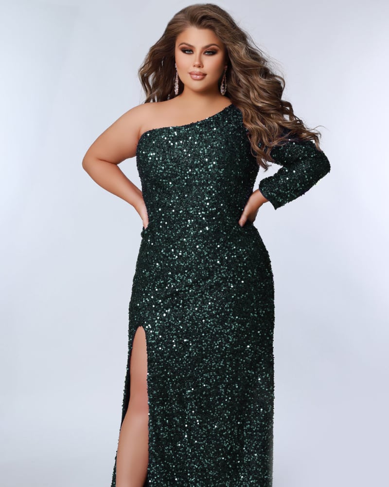 Front of a model wearing a size 16 Flawless Formal Dress in Hunter by Sydney's Closet. | dia_product_style_image_id:250979